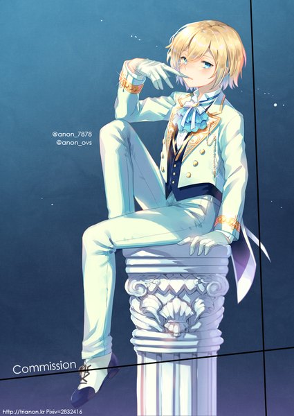 Anime picture 638x900 with ensemble stars! tenshouin eichi trianon single tall image looking at viewer fringe short hair blue eyes blonde hair hair between eyes sitting signed full body arm support twitter username glove biting boy gloves white gloves