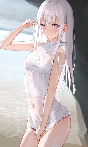 Anime-Bild 2916x4852 mit original shiro-chan (mignon) mignon single long hair tall image looking at viewer blush fringe highres light erotic hair between eyes standing bare shoulders payot outdoors white hair pink eyes arm up wet
