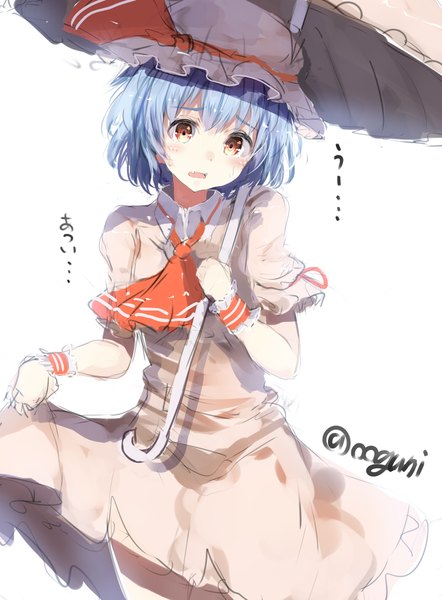 Anime picture 800x1085 with touhou remilia scarlet wowoguni single tall image looking at viewer blush short hair open mouth simple background red eyes white background signed blue hair text girl dress umbrella bonnet neckerchief