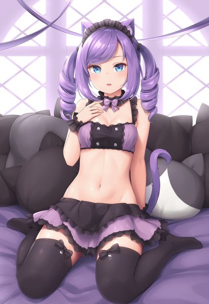 Anime picture 820x1190 with original sasaame single long hair tall image looking at viewer blush fringe breasts open mouth blue eyes light erotic sitting twintails animal ears payot cleavage purple hair full body indoors