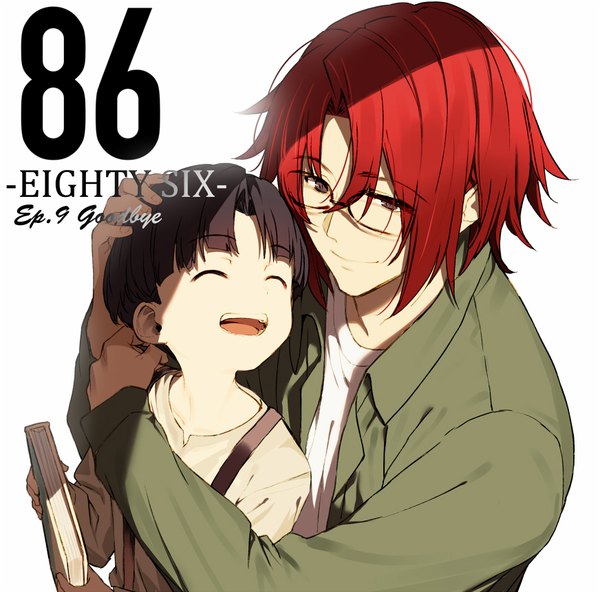 Anime picture 872x860 with 86 -eightysix- shinei nouzen shourei nouzen shirabi short hair black hair simple background smile white background upper body red hair eyes closed multiple boys copyright name ^ ^ siblings ^o^ alternate age younger brothers