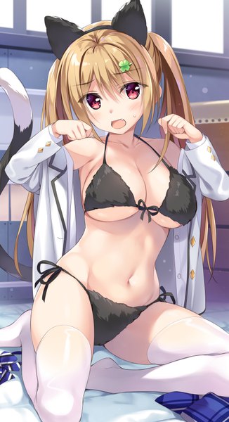Anime picture 543x1000 with original oryou single long hair tall image looking at viewer blush fringe breasts open mouth light erotic blonde hair hair between eyes red eyes large breasts sitting twintails animal ears payot bent knee (knees)