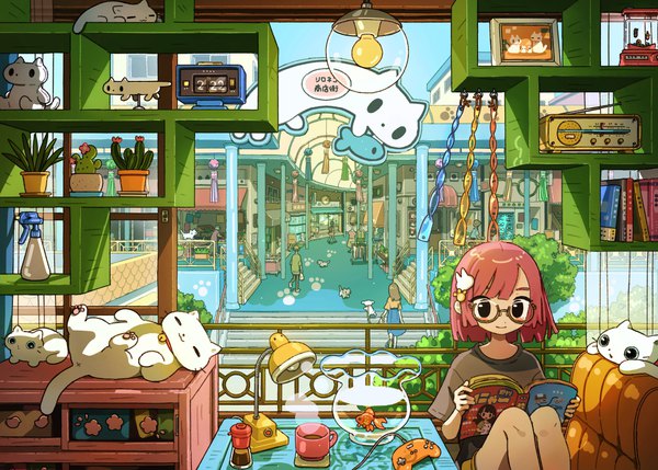 Anime picture 4096x2927 with original tao (tao15102) fringe highres short hair smile sitting pink hair absurdres black eyes solo focus steam paw print reading girl hair ornament plant (plants) animal glasses window