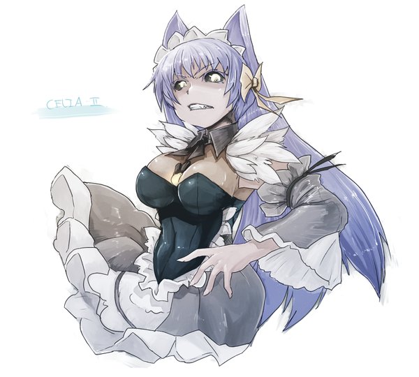 Anime picture 800x720 with chaos code celia ii kai citolo single long hair looking at viewer fringe breasts light erotic simple background large breasts white background animal ears payot blue hair cleavage silver hair character names covered navel angry