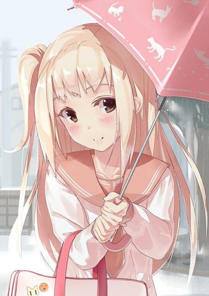 Anime picture 706x1000 with original moe2013 kinugasa yuuichi single long hair tall image blush blonde hair smile brown eyes looking away upper body one side up animal print girl uniform serafuku umbrella school bag