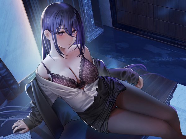 Anime picture 4000x3000 with original nanaken nana single long hair looking at viewer blush fringe highres breasts open mouth light erotic hair between eyes large breasts sitting purple eyes payot blue hair absurdres indoors long sleeves