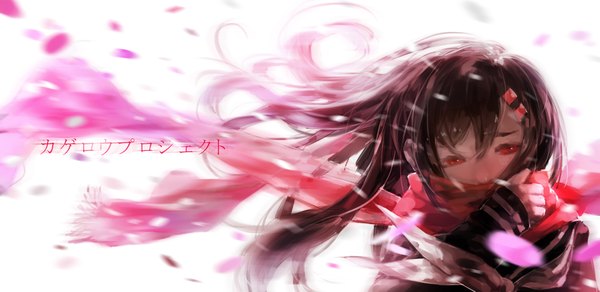 Anime picture 2048x1000 with kagerou project shaft (studio) tateyama ayano irust single long hair fringe highres simple background red eyes brown hair wide image white background looking away girl uniform hair ornament petals serafuku hairclip