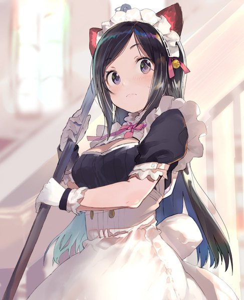 Anime picture 911x1121 with shirabi single long hair tall image looking at viewer blush breasts black hair large breasts purple eyes holding animal ears indoors blurry cat ears from below maid cat girl cleavage cutout front-tie top