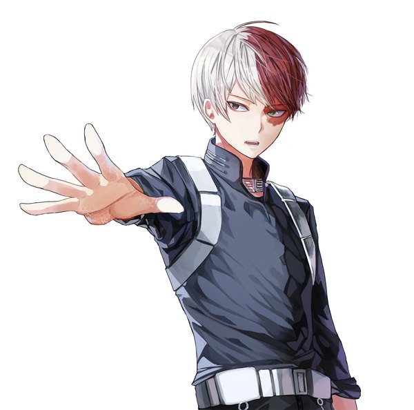 Anime picture 1500x1485 with boku no hero academia studio bones todoroki shouto kim eb single short hair open mouth simple background white background looking away upper body ahoge white hair red hair multicolored hair two-tone hair heterochromia outstretched arm scar twisty sleeves