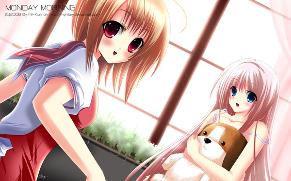 Anime picture 1920x1200 with myhilary long hair blush highres short hair open mouth blue eyes smile brown hair wide image bare shoulders multiple girls pink hair game cg pink eyes looking back inscription girl uniform 2 girls