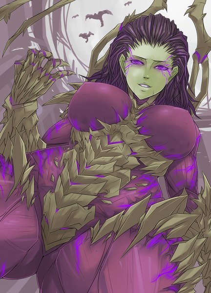 Anime picture 1200x1665 with starcraft blizzard entertainment sarah kerrigan exaxuxer single long hair tall image looking at viewer breasts light erotic black hair large breasts purple eyes from below bone (bones) girl