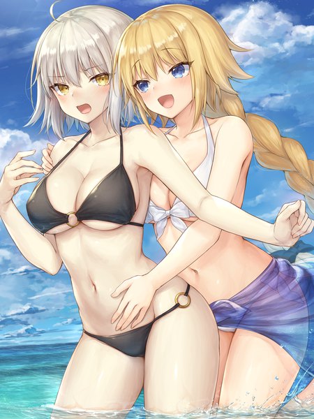Anime picture 1746x2328 with fate (series) fate/grand order jeanne d'arc (fate) (all) jeanne d'arc alter (fate) jeanne d'arc (fate) mashuu (neko no oyashiro) long hair tall image looking at viewer blush fringe highres short hair breasts open mouth blue eyes light erotic blonde hair smile hair between eyes