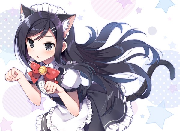 Anime picture 960x703 with original mauve single long hair looking at viewer blush black hair animal ears tail animal tail black eyes cat ears :o maid cat girl cat tail leaning leaning forward puffy sleeves floating hair