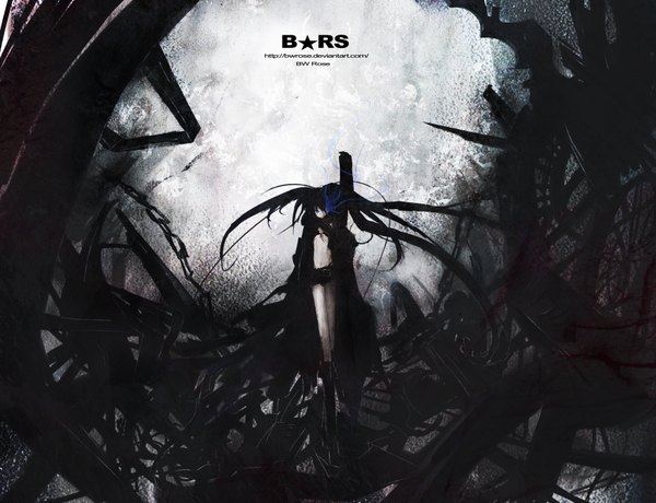 Anime picture 3500x2684 with black rock shooter black rock shooter (character) bwrose single long hair highres black hair twintails absurdres inscription bare belly glowing glowing eye (eyes) navel weapon shorts short shorts thigh boots chain cloak