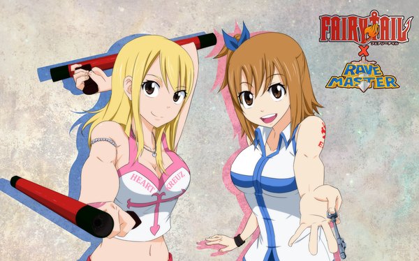 Anime picture 1280x799 with fairy tail rave master studio deen lucy heartfilia elie (rave) dannex009 long hair short hair open mouth blonde hair smile brown hair wide image multiple girls brown eyes ponytail inscription tattoo coloring side ponytail