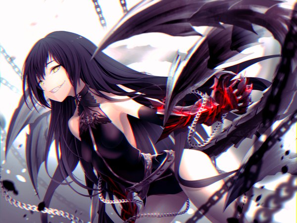 Anime-Bild 1000x750 mit original limeblock single looking at viewer fringe breasts light erotic black hair smile bare shoulders yellow eyes tail very long hair leaning leaning forward sleeveless grin floating hair glowing spread arms