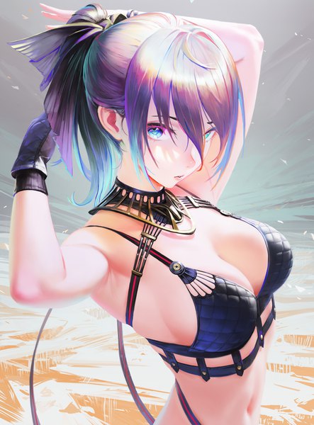 Anime picture 3023x4096 with original arata yokoyama single long hair tall image looking at viewer fringe highres breasts blue eyes light erotic simple background hair between eyes large breasts standing payot absurdres cleavage purple hair upper body