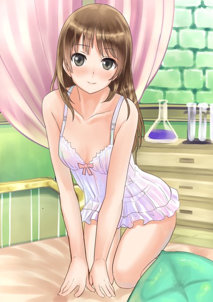 Anime picture 1123x1592 with atelier (series) gust (company) totooria helmold y umiharu single long hair tall image looking at viewer blush light erotic smile brown hair bare shoulders green eyes cleavage bare legs kneeling brick wall girl lingerie