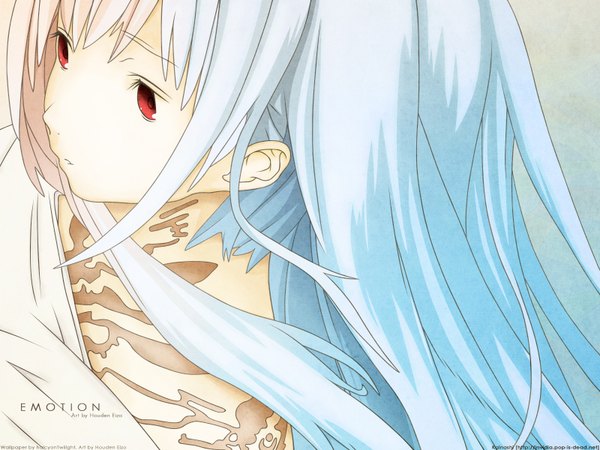 Anime picture 1600x1200 with wagaya no oinari-sama zexcs byakki houden eizou single long hair fringe red eyes signed payot looking away silver hair parted lips inscription close-up albino girl