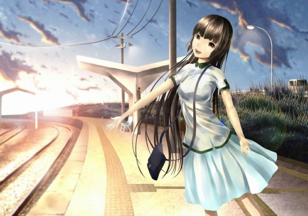 Anime picture 1000x700 with original oki (koi0koi) single long hair brown hair brown eyes sky cloud (clouds) girl dress bag train station railways