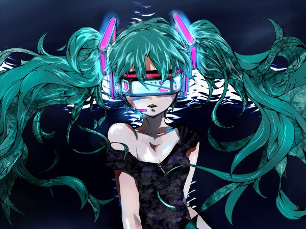 Anime picture 1200x900 with vocaloid hatsune miku maclo (makuro) single long hair breasts open mouth twintails bare shoulders cleavage upper body dark background strap slip girl dress black dress headset vr visor