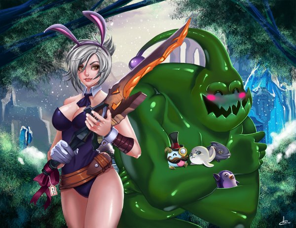 Anime picture 1200x927 with league of legends riven (league of legends) poro (league of legends) battle bunny riven zac (league of legends) cmorilla (artist) blush short hair breasts light erotic smile large breasts standing animal ears looking away lips grey hair orange eyes bunny ears fake animal ears