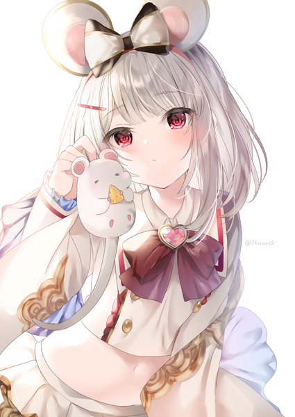 Anime picture 1254x1770 with granblue fantasy vikala (granblue fantasy) mafuyu (chibi21) single tall image looking at viewer blush fringe short hair simple background red eyes standing white background holding signed animal ears white hair blunt bangs head tilt pleated skirt