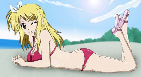 Anime picture 1678x912 with fairy tail lucy heartfilia luffy-san92 single long hair light erotic blonde hair smile wide image brown eyes sky cloud (clouds) one eye closed wink sunlight beach one side up coloring girl swimsuit