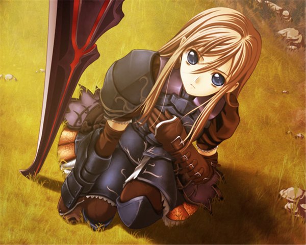 Anime picture 1280x1024 with seinarukana aigias katima masaharu single long hair fringe blue eyes blonde hair hair between eyes squat girl gloves plant (plants) elbow gloves armor grass huge weapon stone (stones)