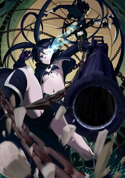 Anime picture 2480x3507 with black rock shooter black rock shooter (character) dead master pettan p long hair tall image highres blue eyes black hair twintails multiple girls green eyes green hair glowing scar glowing eye (eyes) battle girl gloves navel