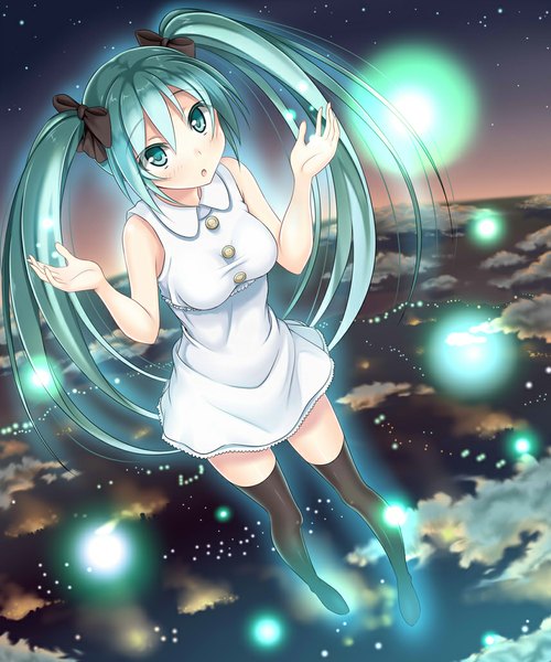 Anime picture 857x1029 with vocaloid hatsune miku violet sit single long hair tall image looking at viewer blush open mouth twintails cloud (clouds) aqua eyes aqua hair girl thighhighs dress bow black thighhighs hair bow