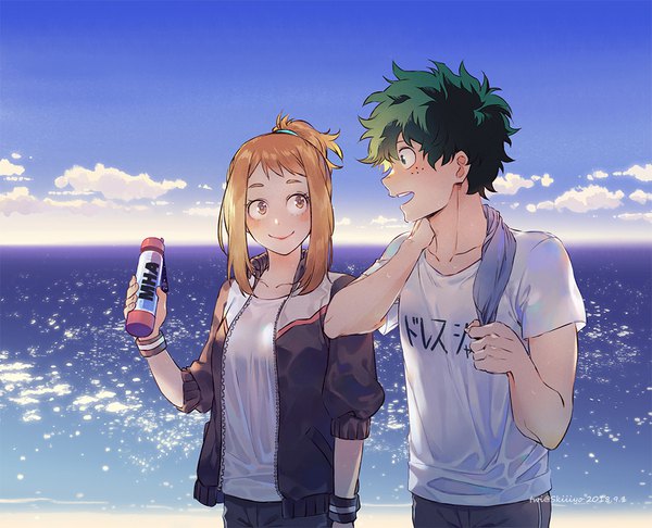 Anime picture 1000x810 with boku no hero academia studio bones uraraka ochako midoriya izuku kistina long hair blush fringe short hair open mouth smile brown hair standing holding brown eyes green eyes signed payot sky cloud (clouds)