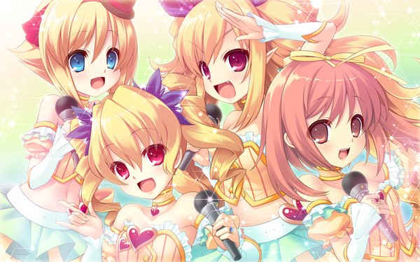 Anime picture 1920x1200 with prismatic princess union stars long hair highres short hair open mouth blue eyes blonde hair red eyes brown hair wide image twintails multiple girls brown eyes game cg teeth loli fang (fangs) girl dress hair ornament