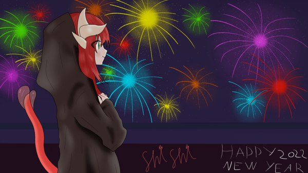 Anime picture 1920x1080 with original shishi gum single long hair highres wide image standing green eyes signed looking away red hair tail profile new year dragon girl fireworks happy new year dragon tail 2022 girl