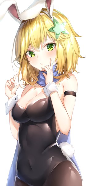 Anime-Bild 757x1600 mit gabriel dropout doga kobo chisaki tapris sugarbell shiero. single tall image looking at viewer short hair breasts light erotic blonde hair green eyes animal ears upper body tail animal tail bunny ears covered navel fake animal ears bunny girl