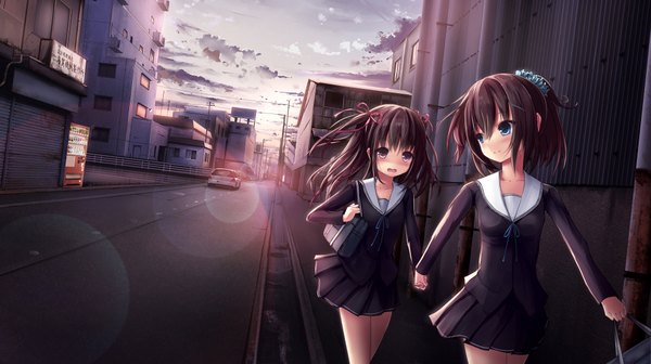 Anime picture 2014x1131 with original missle228 long hair blush highres short hair open mouth blue eyes brown hair wide image twintails multiple girls sky ponytail pleated skirt city holding hands scenic girl skirt