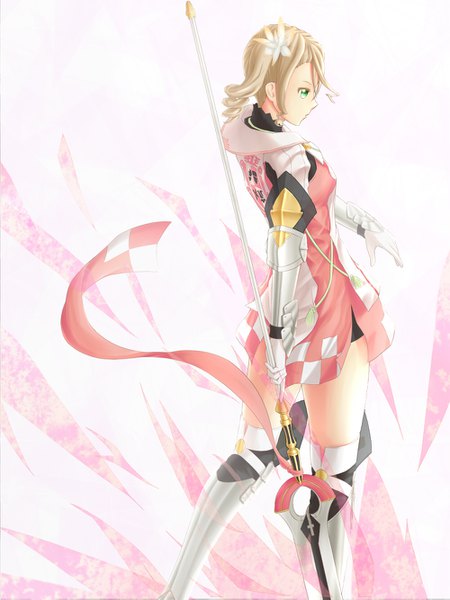 Anime picture 1000x1333 with tales of (series) tales of zestiria alisha (tales) prbili single tall image fringe short hair open mouth simple background blonde hair hair between eyes standing holding green eyes payot profile hair flower side ponytail drill hair