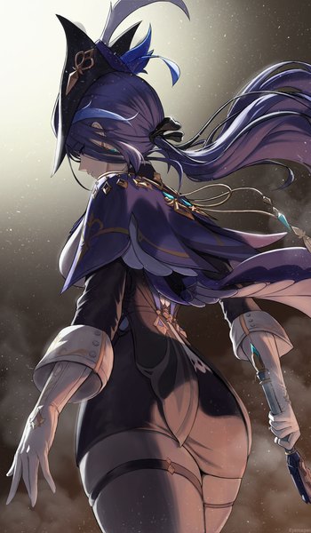 Anime picture 1904x3261 with genshin impact clorinde (genshin impact) kyamagwi single long hair tall image highres purple hair from behind from below low ponytail girl gloves hat elbow gloves white gloves