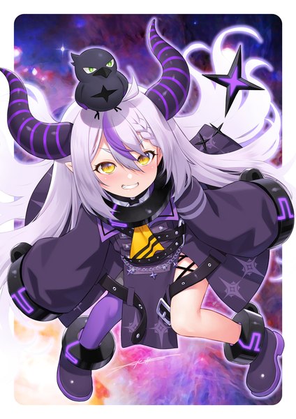Anime picture 1414x2000 with virtual youtuber hololive la+ darknesss la+ darknesss (1st costume) crow (la+ darknesss) kazuma muramasa single long hair tall image looking at viewer blush fringe smile hair between eyes silver hair ahoge long sleeves multicolored hair horn (horns) from above