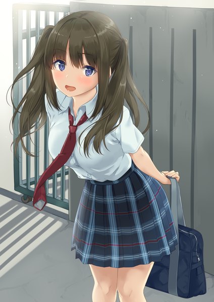 Anime picture 2893x4092 with original unasaka ryou single long hair tall image looking at viewer blush fringe highres open mouth blue eyes smile brown hair holding outdoors :d pleated skirt scan short sleeves leaning
