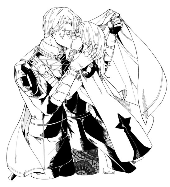 Anime picture 1866x2048 with fire emblem fire emblem: three houses nintendo byleth (fire emblem) dimitri alexandre blaiddyd byleth (female) (fire emblem) hamut nl long hair tall image fringe highres short hair simple background hair between eyes standing white background eyes closed arms up monochrome kiss