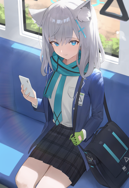 Anime picture 1236x1800 with blue archive shiroko (blue archive) hood (james x) single long hair tall image fringe blue eyes hair between eyes sitting animal ears silver hair extra ears train interior girl uniform school uniform scarf bag halo