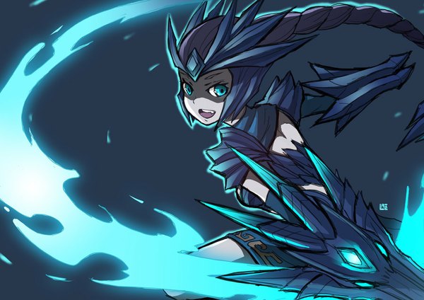 Anime picture 900x636 with league of legends shyvana (league of legends) single long hair looking at viewer open mouth blue eyes smile looking away spread arms blue background eyebrows girl skirt miniskirt armor helmet flame