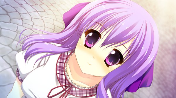 Anime picture 1280x720 with shirogane otome furumiyama hatsumi kamiya tomoe single long hair blush wide image purple eyes game cg purple hair girl dress