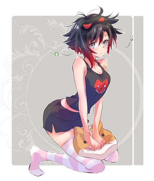 Anime picture 1203x1413 with rwby rooster teeth ruby rose iesupa single tall image looking at viewer short hair breasts black hair simple background full body red hair multicolored hair grey background two-tone hair grey eyes no shoes kneeling border