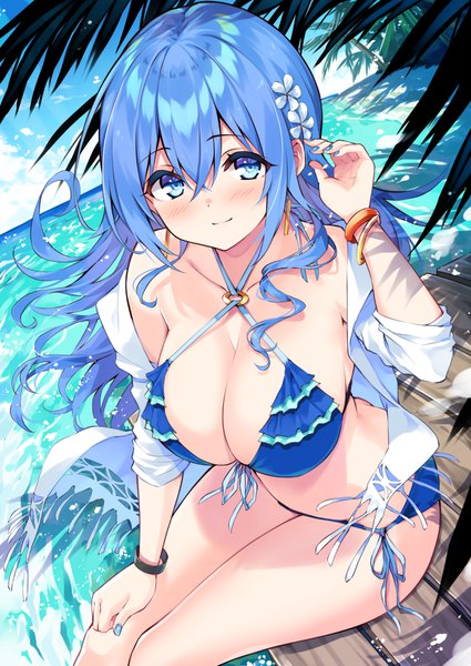 Anime picture 708x1000 with cu-no kohitsuji ai hisenkaede single long hair tall image looking at viewer blush fringe breasts blue eyes light erotic smile hair between eyes large breasts sitting bare shoulders payot blue hair sky
