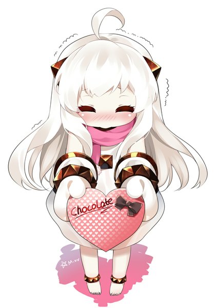 Anime picture 800x1135 with kantai collection northern ocean hime mvv single long hair tall image blush simple background white background holding signed ahoge white hair eyes closed barefoot horn (horns) from above valentine white skin shinkaisei-kan