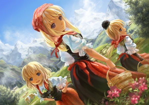 Anime picture 1100x778 with original miyai haruki long hair looking at viewer short hair blonde hair smile multiple girls sky cloud (clouds) looking back loli mountain girl skirt hair ornament flower (flowers) ribbon (ribbons) plant (plants) hair ribbon