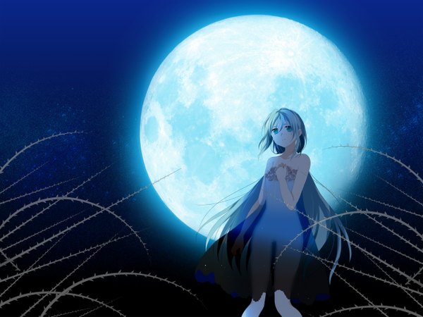 Anime picture 2500x1875 with vocaloid hatsune miku mariwai (marireroy) single long hair highres blue eyes bare shoulders aqua hair night girl dress moon