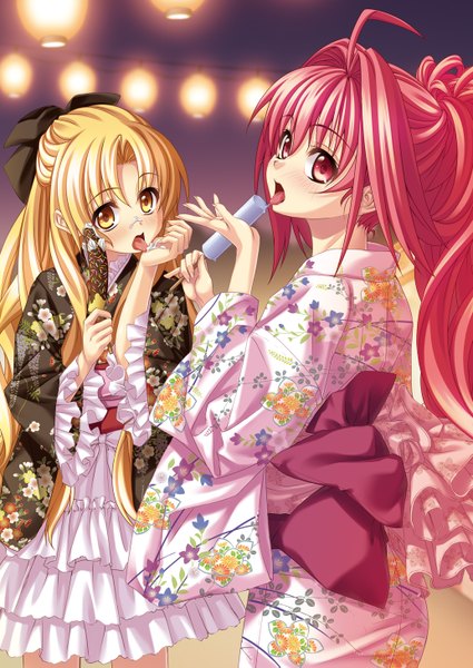 Anime picture 1034x1459 with shinkyoku soukai polyphonica corticarte apa lagranges kannatsuki noboru long hair tall image blush open mouth blonde hair red eyes multiple girls yellow eyes ponytail red hair traditional clothes japanese clothes girl bow 2 girls hair bow food